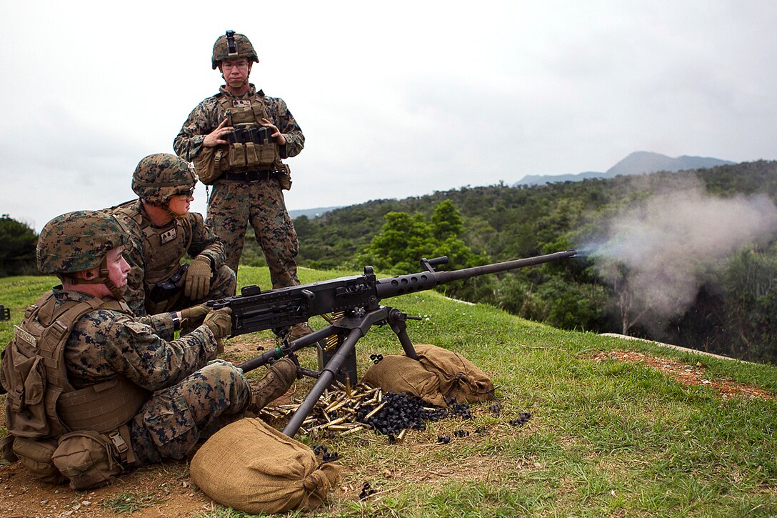 A Marine test fires an M2 .50-caliber Browning machine gun during training at Camp Schwab, Okinawa, Japan, June 1, 2017. Marine Corps photo by Staff Sgt. T. T. Parish