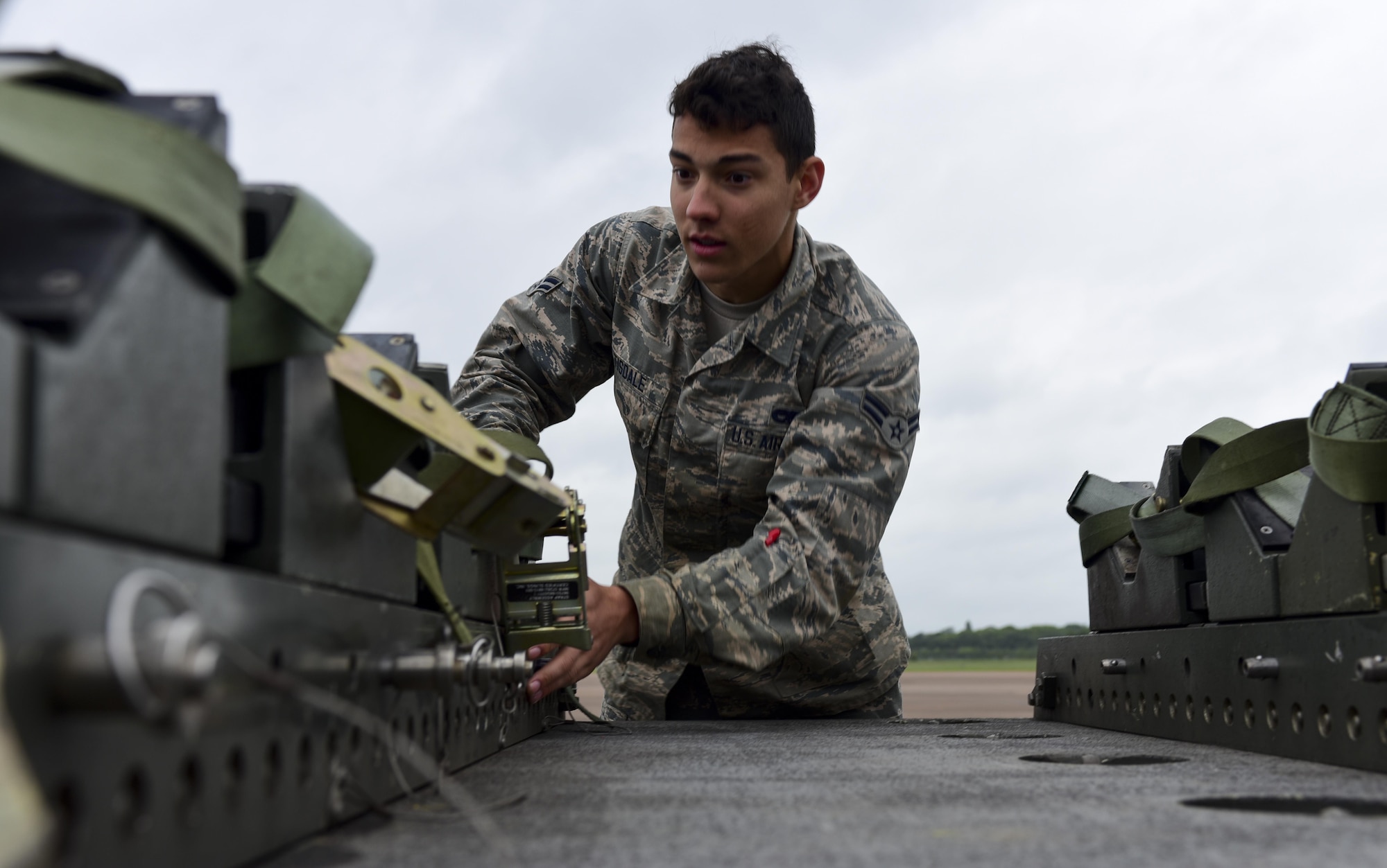 U.S. Air Force Airman 1st Class Julian Tisdale, 2nd Aircraft Maintenance Squadron load crew team member, inspects inert, (non-explosive) Quick Strike MK 62 mines at RAF Fairford, U.K., June 5, 2017. Bomber crews are participating in BALTOPS 2017, an annual, multinational, maritime-focused exercise designed to strengthen interoperability and cohesiveness between NATO allies and partnered nations. (U.S. Air Force photo by Airman 1st Class Randahl J. Jenson)