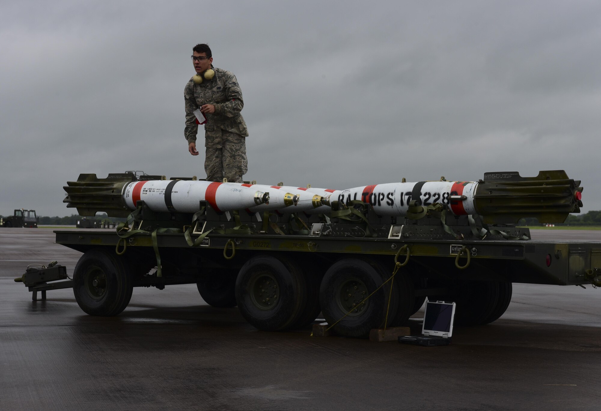 U.S. Air Force Airman 1st Class Julian Tisdale, 2nd Aircraft Maintenance Squadron weapons load crew member, prepares inert, (non-explosive) Quick Strike MK 62 mines to be loaded into a B-52H Stratofortress at RAF Fairford, U.K., June 5, 2017. Bomber crews are participating in BALTOPS 2017, an annual, multinational, maritime-focused exercise designed to strengthen interoperability and cohesiveness between NATO allies and partnered nations. (U.S. Air Force photo by Airman 1st Class Randahl J. Jenson)  