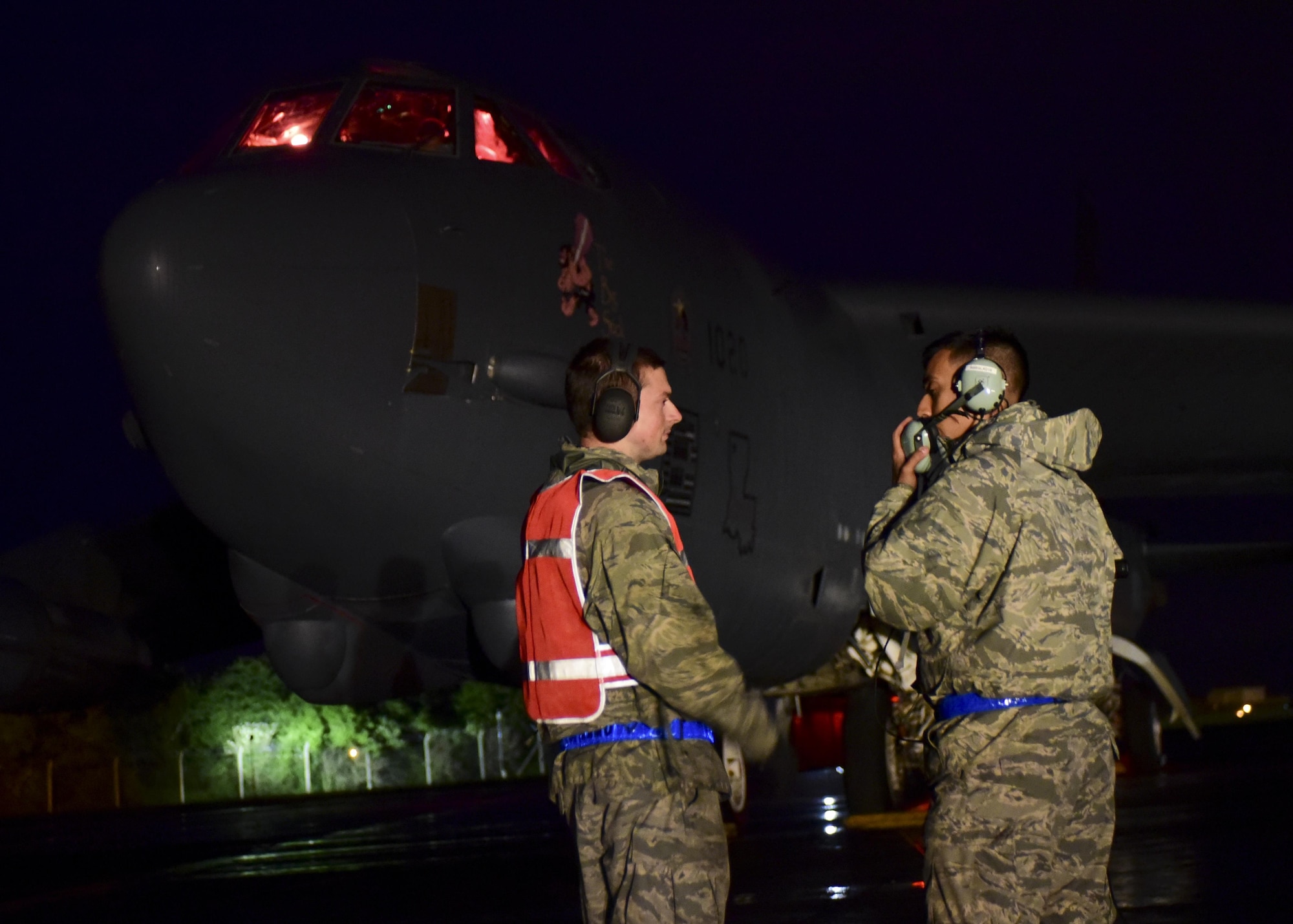 U.S. Air Force Senior Airmen Blake Nickells, left, and Alexander Dones, 2nd Aircraft Maintenance Squadron assistant dedicated crew chiefs, conduct preflight inspections on a B-52H Stratofortress at RAF Fairford, U.K., June 6, 2017. Exercises such as BALTOPS enable bomber crews to maintain a high state of readiness and proficiency and validate the bomber’s always-ready global strike capability. (U.S. Air Force photo by Airman 1st Class Randahl J. Jenson)   