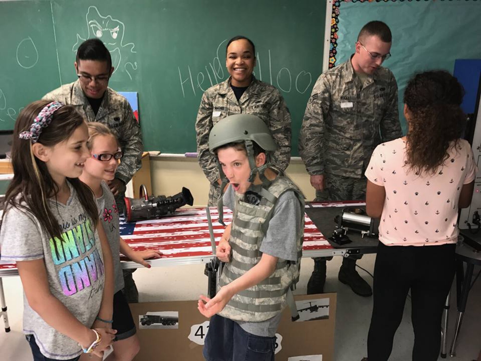 436th Logistics Readiness Squadron Airmen volunteer at Welch Elementary School during Military Appreciation Day on May 19th, 2017. The Airmen briefed over 340 kids from the school on what military logisticians do and what equipment is used for the 436th LRS mission. (Courtesy photo)
