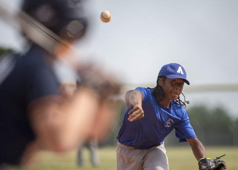 Trevian Ware, Aviano Tigerz pitcher, throws a fastball during a game June 3, 2017, at Aviano Air Base, Italy. The Aviano Tigerz hosted the Junior Alpina team from Trieste, Italy, in a goodwill game that fostered competition as well as friendship. (U.S. Air Force photo by Senior Airman Cory W. Bush)
