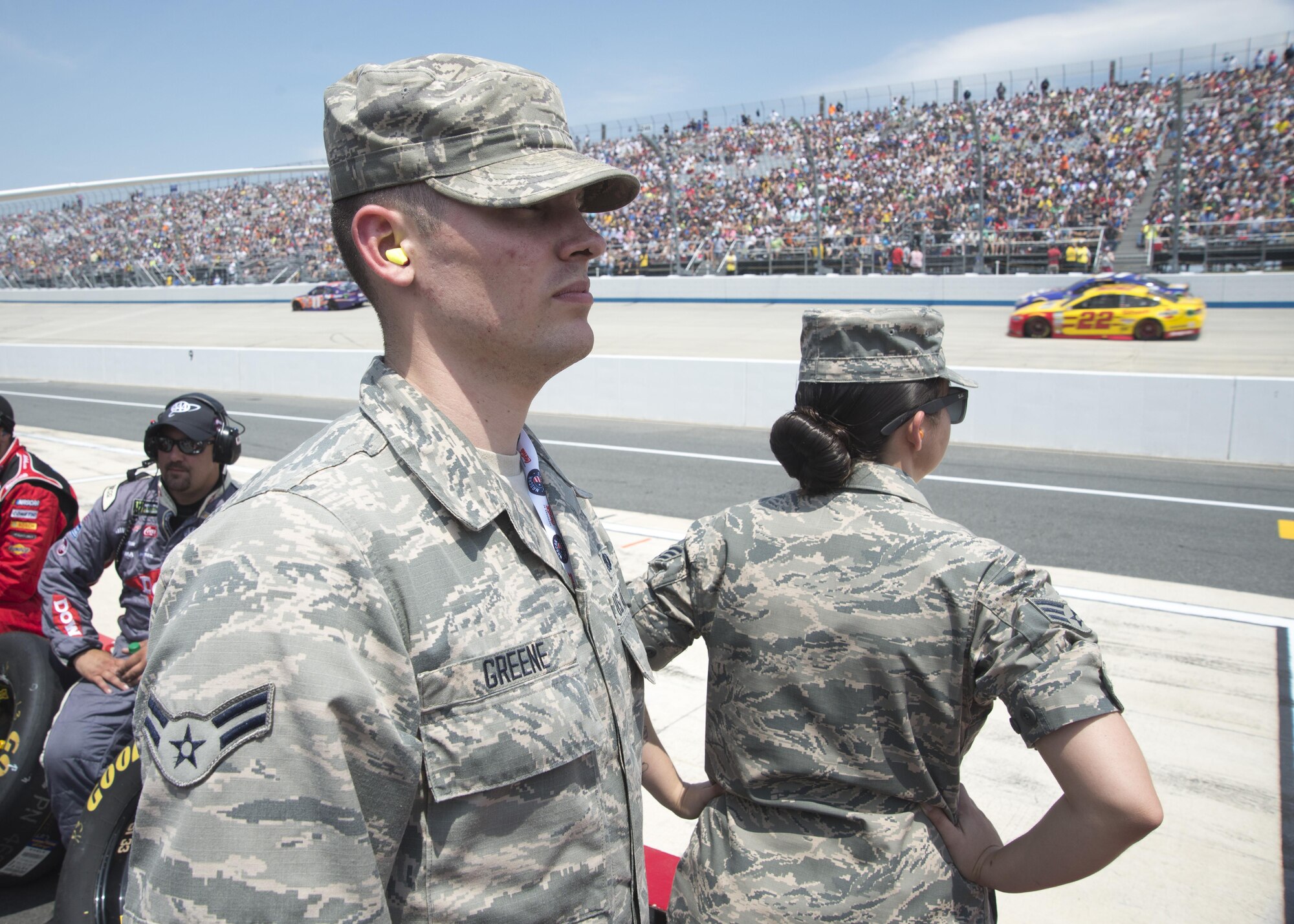 Airman 1st Class Dylan Greene, 436th Maintenance Squadron crew chief, watches the AAA 400 Drive for Autism Monster Energy race June 4, 2017, at Dover International Speedway, Dover, Del. Greene was a part of a group of Team Dover Members who were able to be honorary pit crew members. (U.S. Air Force photo by Staff Sgt. Jared Duhon)