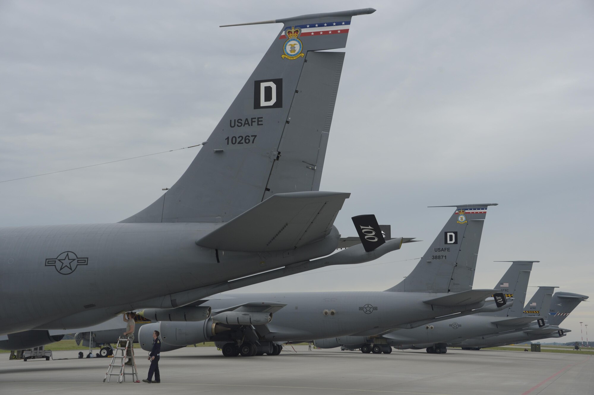 Airman 1st Class Andrew Winkler, left, 100th Aircraft Maintenance Squadron, and Staff Sgt. Eric Stevenson, right, 100th AMXS, inspect a KC-135R Stratotanker during BALTOPS exercise at Powidz Air Base, Poland, June 6, 2017. The U.S. Air Force is supporting the exercise with approximately 900 Airmen, eight F-16s from the 52nd Fighter Wing, Spangdahlem Air Base, Germany, four KC-135 Stratotankers from the 100th Air Refueling Wing, RAF Mildenhall, U.S. and U.S. Air Force Reserve 459th Air Refueling Wing, Joint Base Andres, Maryland, one Air Force Reserve E-3 Airborne Warning and Control System (AWACS) from the 513th Aerial Control Group, Tinker Air Force Base, Oklahoma and Airmen from the 1st Combat Communication Squadron, Ramstein Air Base, Germany will be supporting this multinational exercise. (U.S. Air Force photo by Staff Sgt. Jonathan Snyder)