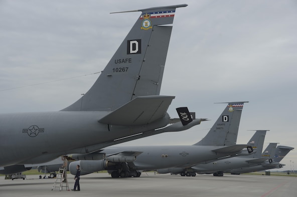 Airman 1st Class Andrew Winkler, left, 100th Aircraft Maintenance Squadron, and Staff Sgt. Eric Stevenson, right, 100th AMXS, inspect a KC-135R Stratotanker during BALTOPS exercise at Powidz Air Base, Poland, June 6, 2017. The U.S. Air Force is supporting the exercise with approximately 900 Airmen, eight F-16s from the 52nd Fighter Wing, Spangdahlem Air Base, Germany, four KC-135 Stratotankers from the 100th Air Refueling Wing, RAF Mildenhall, U.S. and U.S. Air Force Reserve 459th Air Refueling Wing, Joint Base Andres, Maryland, one Air Force Reserve E-3 Airborne Warning and Control System (AWACS) from the 513th Aerial Control Group, Tinker Air Force Base, Oklahoma and Airmen from the 1st Combat Communication Squadron, Ramstein Air Base, Germany will be supporting this multinational exercise. (U.S. Air Force photo by Staff Sgt. Jonathan Snyder)