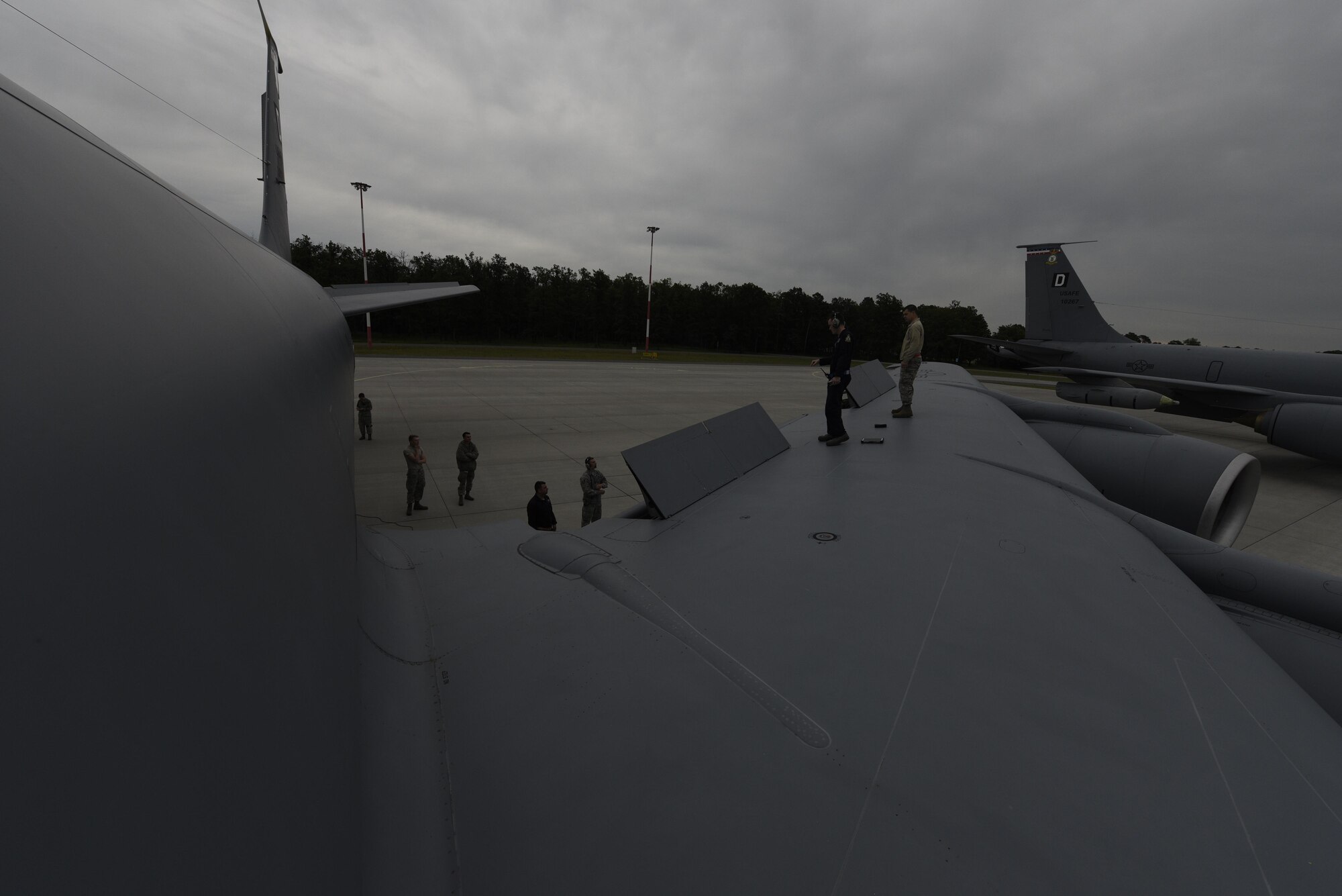 Airmen from the 100th Aircraft Maintenance Squadron inspect a KC-135R Stratotanker during BALTOPS exercise at
Powidz Air Base, Poland, June 6, 2017. BALTOPS is an annually recurring multinational exercise designed to
enhance flexibility and interoperability, as well as demonstrate resolve of allied and partner forces to defend the Baltic region. Participating nations include Belgium, Denmark, Estonia, Finland, France, Germany, Latvia, Lithuania, the Netherlands, Norway, Poland, Sweden, the United Kingdom, and the United States. (U.S. Air Force photo by Staff Sgt. Jonathan Snyder)