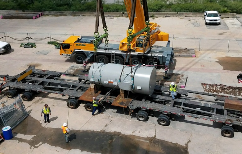 The Reactor Pressure Vessel from the STURGIS, the Army’s retired floating nuclear power plant in the process of being decommissioned, is carefully loaded onto a transport vehicle inside its specially designed shielded shipping container. The RPV and its specially-designed shielded shipping container combined to weigh a total of approximately 81 tons. The RPV’s safe delivery to the designated disposal facility was completed in early June 2017.