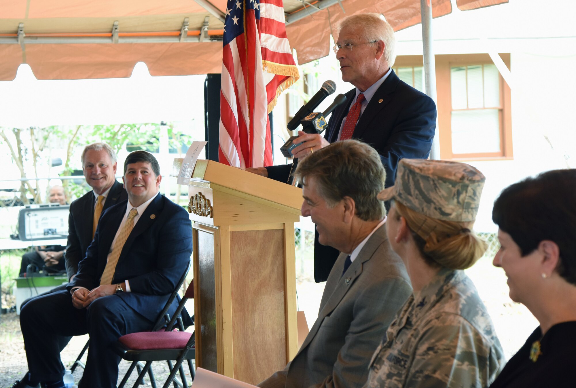 Senator Roger Wicker delivers remarks during the Keesler main gate announcement June 1, 2017, in Biloxi, Miss. Local, state and federal officials joined Keesler Air Force Base leaders to announce an estimated $37 million project to locate a new main entry gate at Division St. and Forrest Ave. The two-year project includes an expanded and enhanced boulevard along Division St. from I-110 to Forrest Ave. (U.S. Air Force photo by Kemberly Groue)