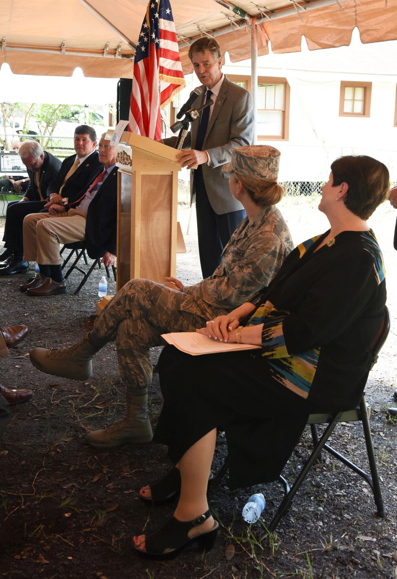 Biloxi Mayor Andrew “FoFo” Gilich delivers remarks during the Keesler main gate announcement June 1, 2017, in Biloxi, Miss. Local, state and federal officials joined Keesler Air Force Base leaders to announce an estimated $37 million project to locate a new main entry gate at Division St. and Forrest Ave. The two-year project includes an expanded and enhanced boulevard along Division St. from I-110 to Forrest Ave. (U.S. Air Force photo by Kemberly Groue)