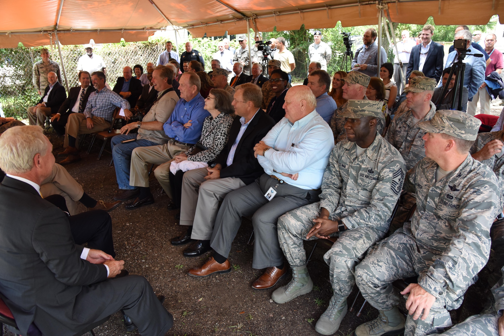 Local, state and federal officials and Keesler Air Force Base leaders attend the Keesler main gate announcement June 1, 2017, in Biloxi, Miss. The event announced an estimated $37 million project to locate a new main entry gate at Division St. and Forrest Ave. The two-year project includes an expanded and enhanced boulevard along Division St. from I-110 to Forrest Ave. (U.S. Air Force photo by Kemberly Groue)