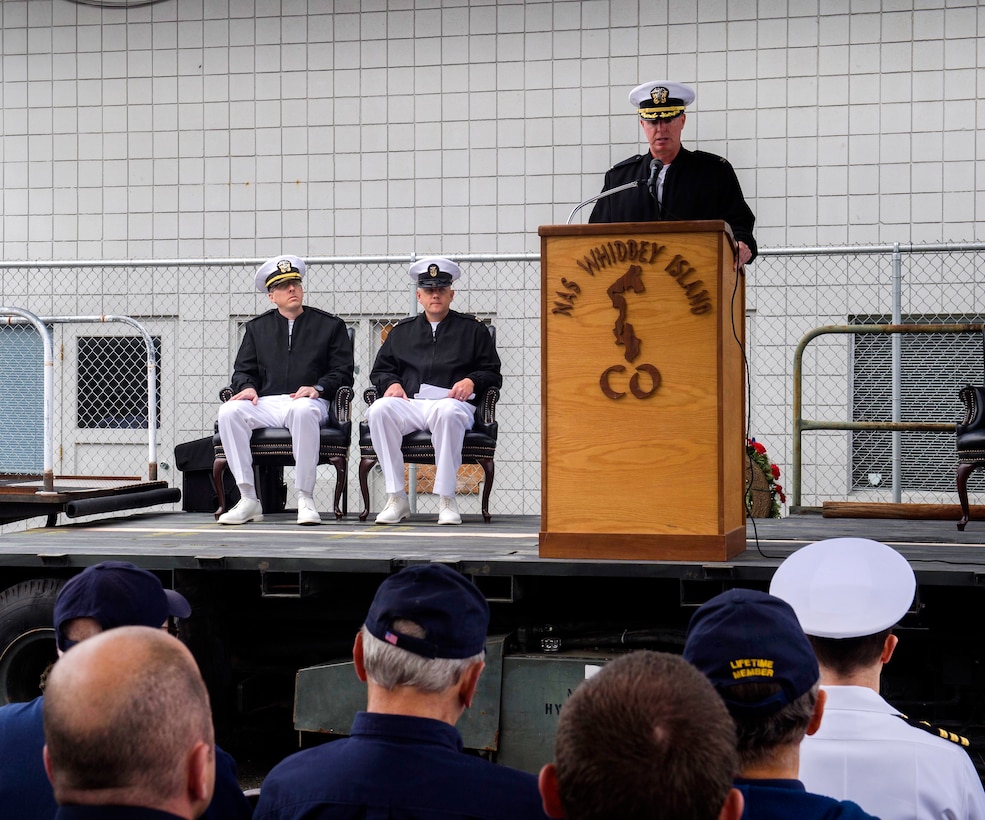 Navy Capt. Geoffrey Moore, commander of Naval Air Station Whidbey Island, delivers remarks during a ceremony commemorating the 75th anniversary of the Battle of Midway at the PBY-Naval Air Museum in Oak Harbor, Wash., June 2, 2017. Navy photo by Petty Officer 2nd Class Scott Wood