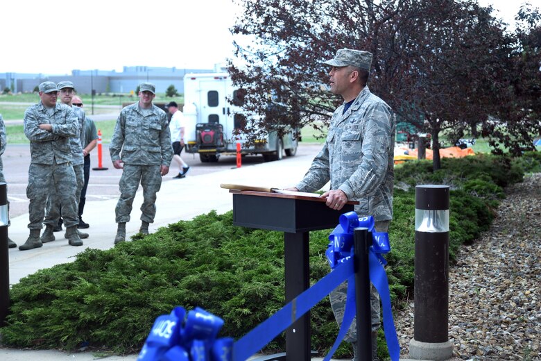 Col. Anthony Mastalir, 50th Space Wing vice commander, addresses the audience during the Schriever event center ribbon cutting ceremony at Schriever Air Force Base, Colorado, Friday, June 2, 2017. Mastalir spoke of the importance of the facility and how it will help bring Airmen together for a place to relax and celebrate. (U.S. Air Force photo/Airman 1st Class William Tracy)