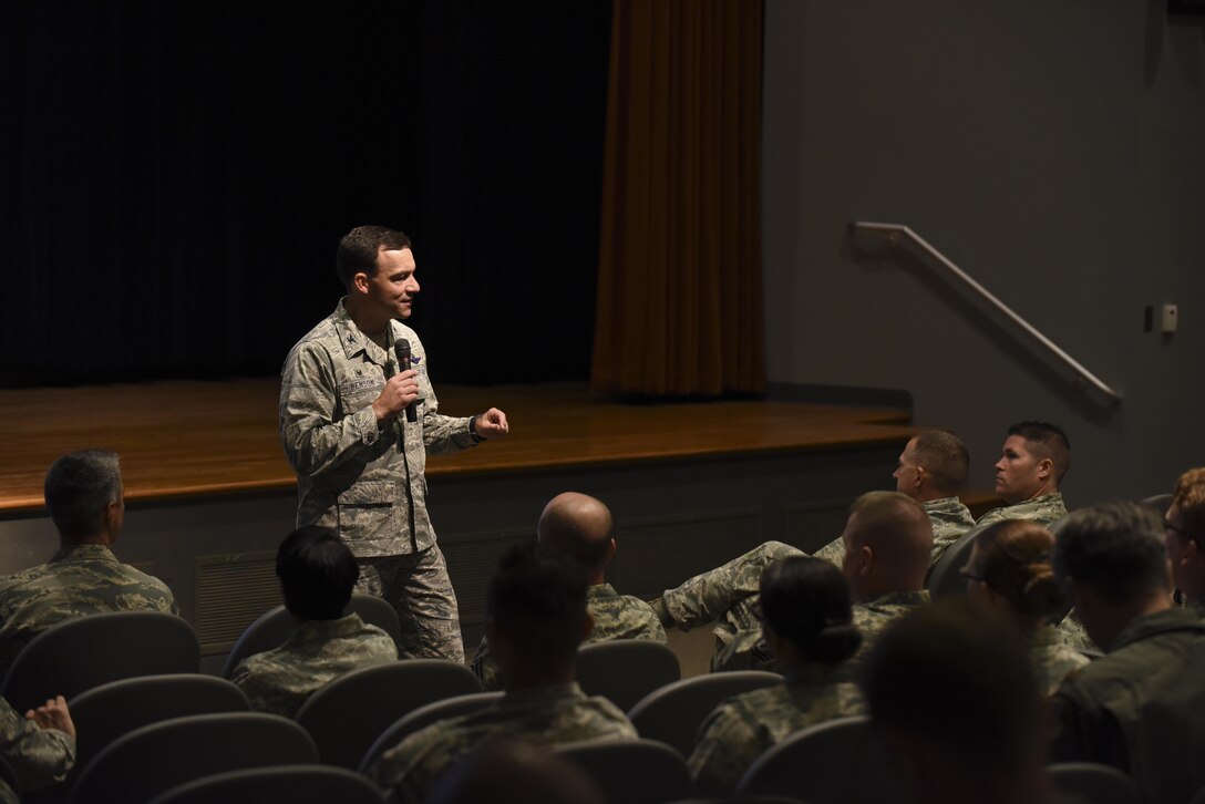 U.S. Air Force Col. David Benson, 7th Bomb Wing commander, speaks during his final commander’s call at Dyess Air Force Base, Texas, June 5, 2017. He has served as Dyess’ commander since November 2015 and is retiring after 24 years of honorable service. (U.S. Air Force photo by Senior Airman Kedesha Pennant)