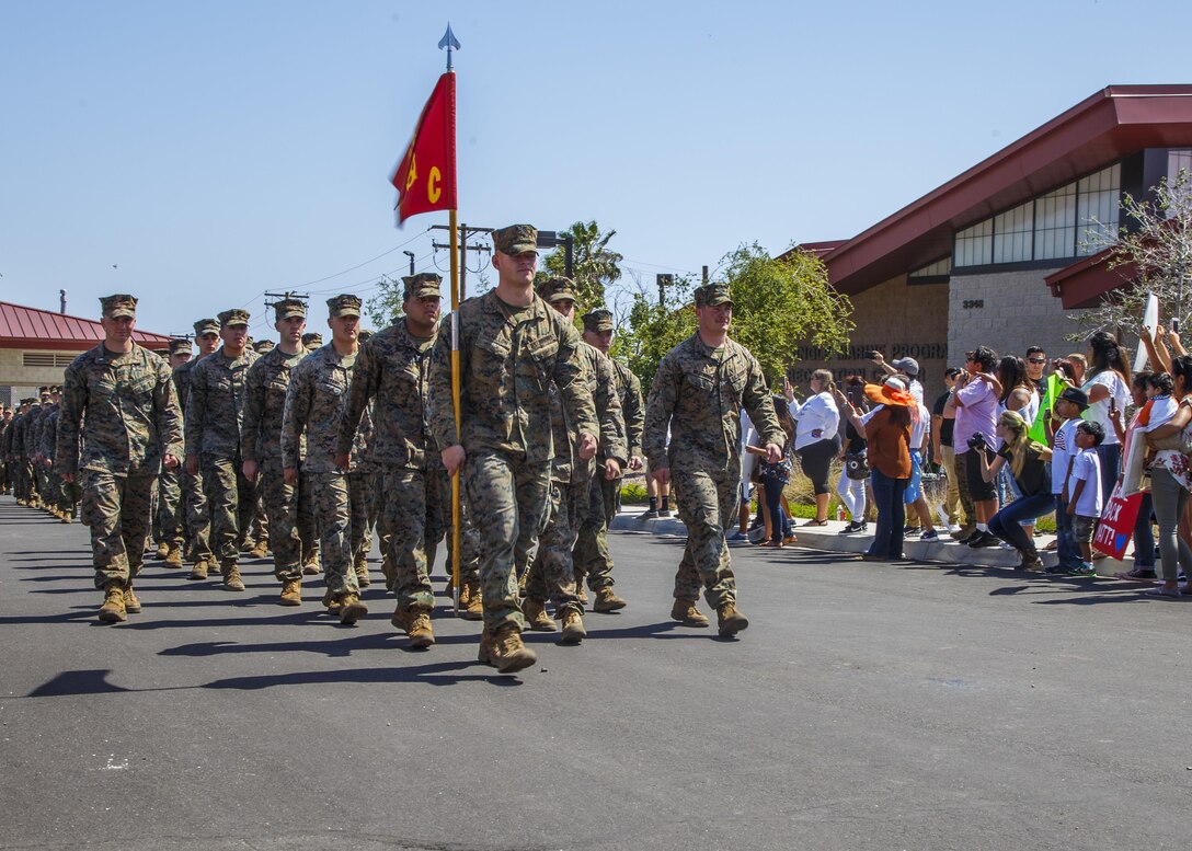 MARINE CORPS BASE CAMP PENDLETON, California (May 13, 2017) U.S. Marines with Company C, Battalion Landing Team 1st Bn., 4th Marines, 11th Marine Expeditionary Unit (MEU), march toward their friends and families during a homecoming event at Camp Pendleton, Calif., May 13. The 11th MEU embarked the Makin Island Amphibious Ready Group mid-October 2016, and trained alongside armed forces from foreign nations and supported operations throughout the Western Pacific, Middle East and Horn of Africa. (U.S. Marine Corps photo by Sgt. April L. Price)
