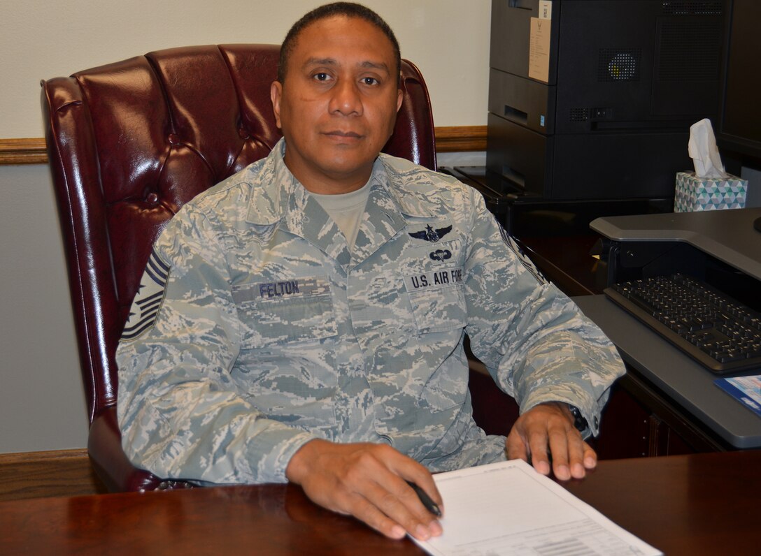 Chief Master Sgt. James Felton, 445th Airlift Wing command chief, is retiring after 36 years if military service. (U.S. Air Force photo/Stacy Vaughn)