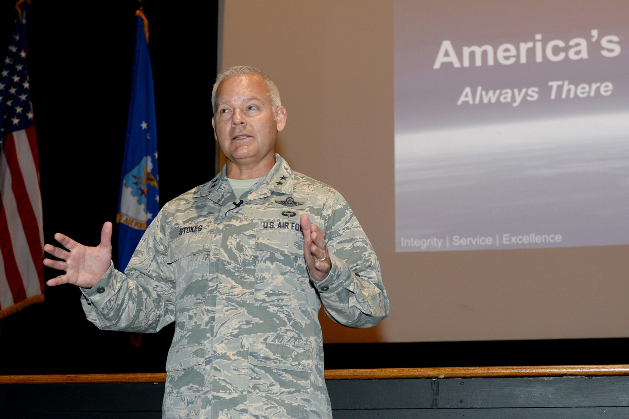 U.S. Air Force Maj. Gen. John P. Stokes, commander, 22nd Air Force, speaks to the Reserve Airmen of the 913th Airlift Group during an All Call at Little Rock Air Force Base, Ark., June 3, 2017. Stokes was here to preside over the 913th Airlift Group’s Assumption of Command Ceremony, and took time to tour the Reserve campus facilities and meet with many of the Group’s Airmen. (U.S. Air Force photo by Airman 1st Class Codie Collins/Released)