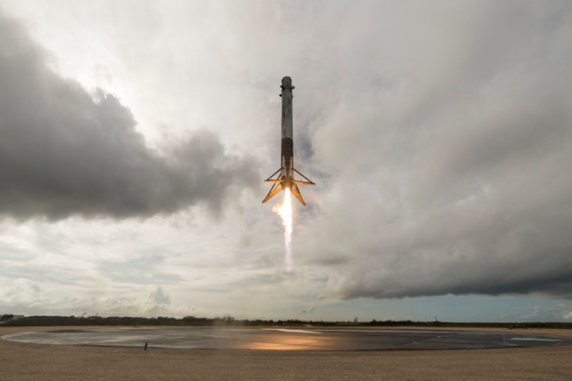 The first stage of a SpaceX Falcon 9 rocket returns for a successful landing June 3, 2017, Cape Canaveral Air Force Station, Fla. 

Photo courtesy of SpaceX