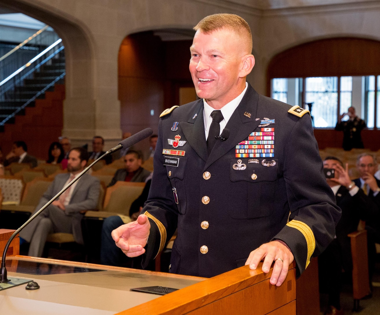 Lt. Gen. Jeffrey S. Buchanan, commander of U.S. Army North (Fifth Army) at Joint Base San Antonio-Fort Sam Houston, gives the opening remarks June 1 at City Hall in San Antonio during Army Birthday cake-cutting ceremony. The Army celebrates its 242nd birthday June 14. 