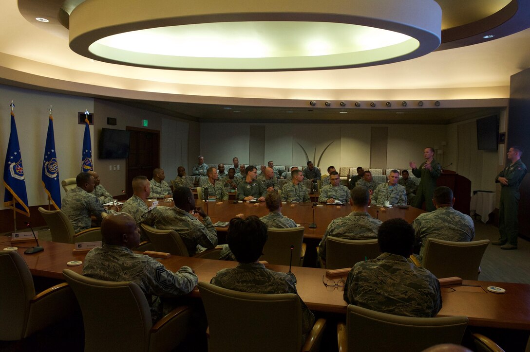 Chief Master Sgt. of the Air Force Kaleth O. Wright speaks with chiefs during his visit to Headquarters Pacific Air Forces at Joint Base Pearl Harbor-Hickam, Hawaii, June 2, 2017. The visit is an opportunity for Wright to interact with PACAF Airmen, receive mission briefs and views on key issues across the PACAF area of responsibility. (U.S. Air Force photo/Tech. Sgt. Kamaile Chan)