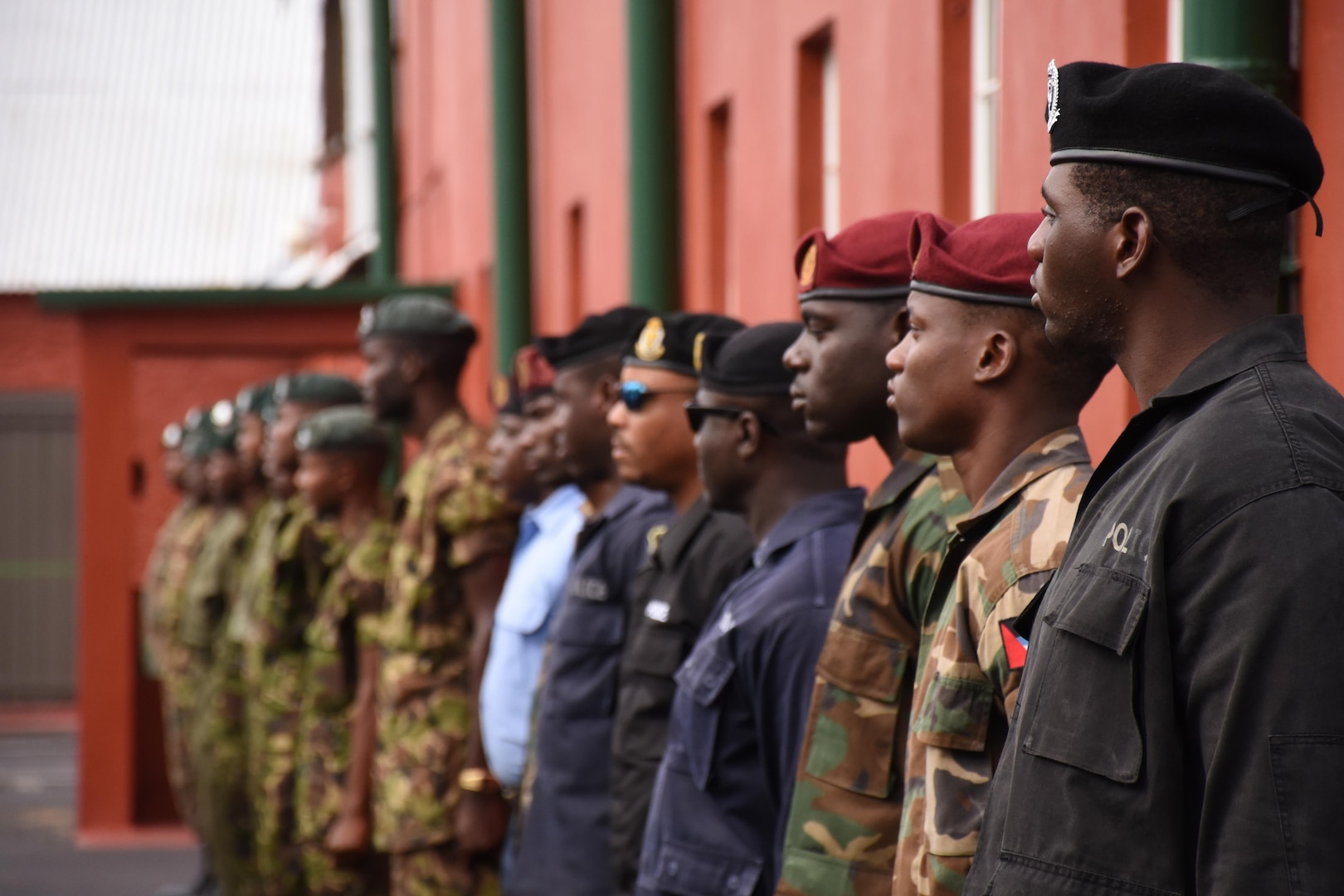 Participants from different countries stand at parade rest during the opening ceremony for Tradewinds 2017 in Bridgetown, Barbados, June 6, 2017.  Tradewinds is a joint, combined exercise conducted in conjunction with partner nations to enhance the collective abilities of defense forces and constabularies to counter transnational organized crime, and to conduct humanitarian/disaster relief operations. (U.S. Coast Guard photo by Petty Officer 1st Class Melissa Leake/Released)