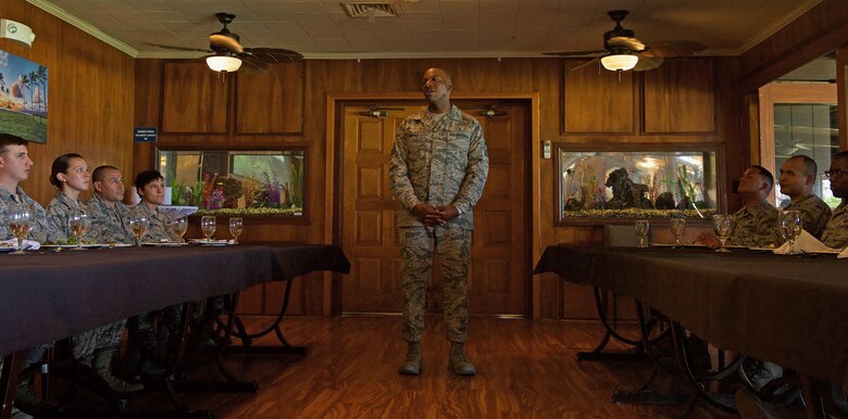 Chief Master Sgt. of the Air Force Kaleth O. Wright answers questions from Airmen assigned to Headquarters Pacific Air Forces (PACAF) during a luncheon at Joint Base Pearl Harbor-Hickam, Hawaii, June 2, 2017. Wright was accompanied by Chief Master Sgt. Anthony W. Johnson, PACAF command chief, and made several stops to units across the base, providing an opportunity for Airmen to interact with him and discuss their concerns. (U.S. Air Force photo/Tech. Sgt. Kamaile Chan)