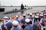 The Los Angeles-class attack submarine USS Cheyenne (SSN 773) is greeted as it arrives in Busan for a scheduled port visit while conducting routine patrols throughout the western Pacific, June 6, 2017. Homeported in Pearl Harbor, Cheyenne is the 62nd and the last Los Angeles-class attack submarine.  