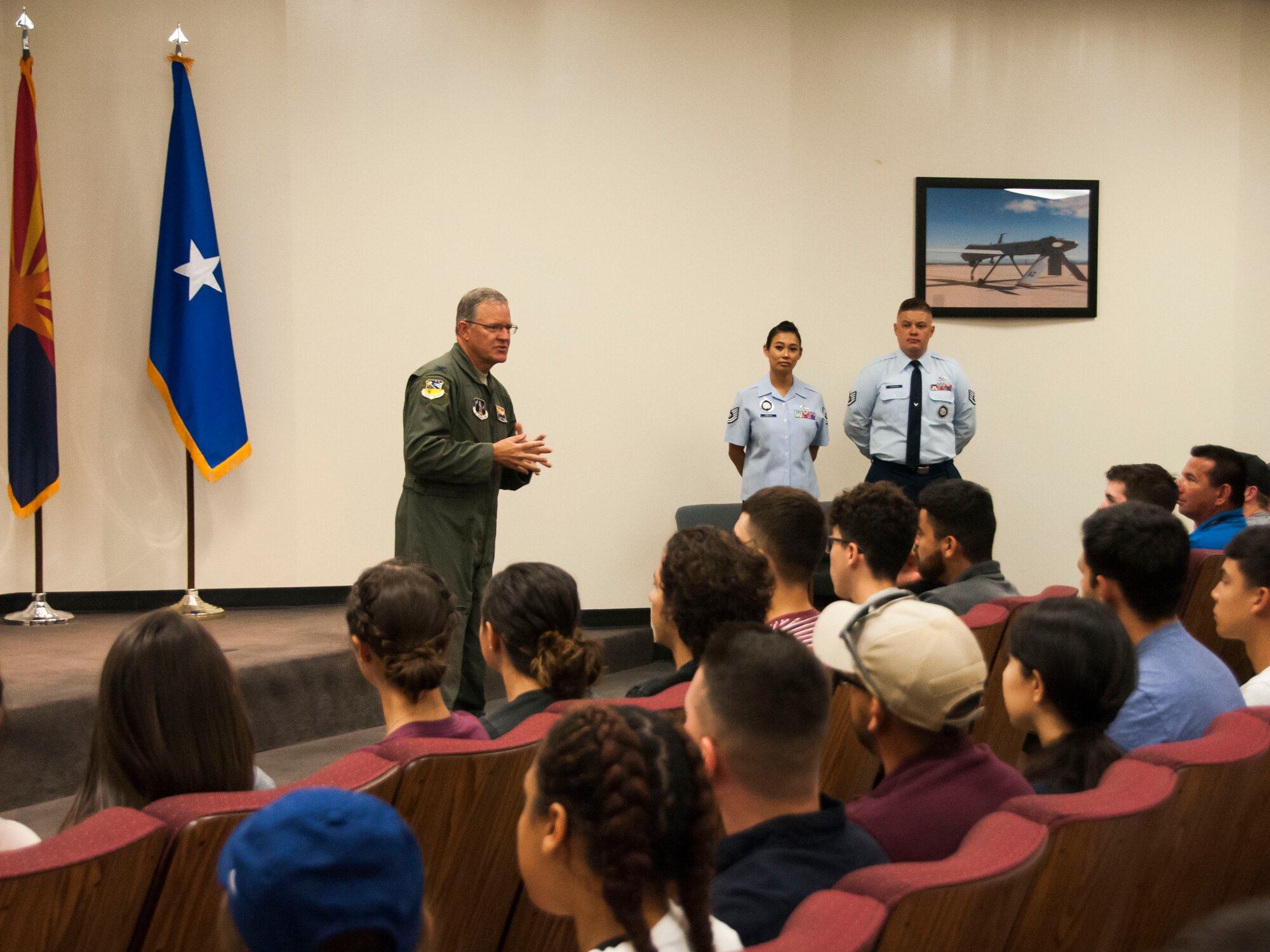 Col. Kenneth Rosson, Vice Commander of the 162nd Wing in Tucson, Ariz. addresses guests attending the Wing’s first annual “Bring a Buddy to Work” event, Jun. 3, 2017. The 162nd Wing hopes the experience will promote to the community a greater awareness and opportunities available within the Air National Guard. (U.S. Air Nation Guard photo by Staff Sgt. George Keck/Released) 