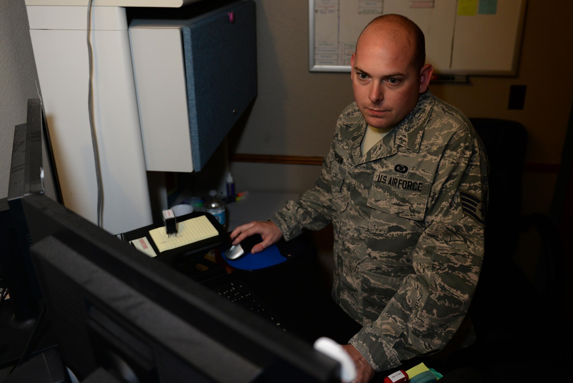 U.S. Air Force Staff Sgt. Nicholas Everson, 58th Airlift Squadron Aviation Recourse Management journeyman, sets up flight orders for the next day’s flight, June 1, 2017, at Altus Air Force Base, Oklahoma. The SARM office is in charge of approving the accuracy of flight scheduled personnel and documenting their flight records.