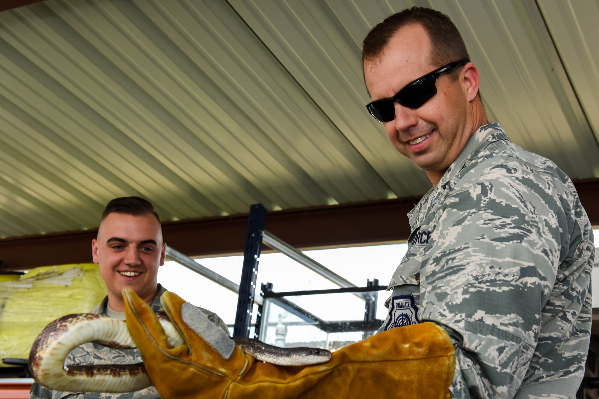 Col. Ty. Neuman, 2nd Bomb Wing commander, holds a snake at the 2nd Civil Engineer Squadron Pest Management office on Barksdale Air Force Base, La., May 24, 2017. The rat snake is used to show what kind of snakes are in the local area to visitors of the base and base residents. (U.S. Air Force photo/Airman 1st Class Sydney Bennett)