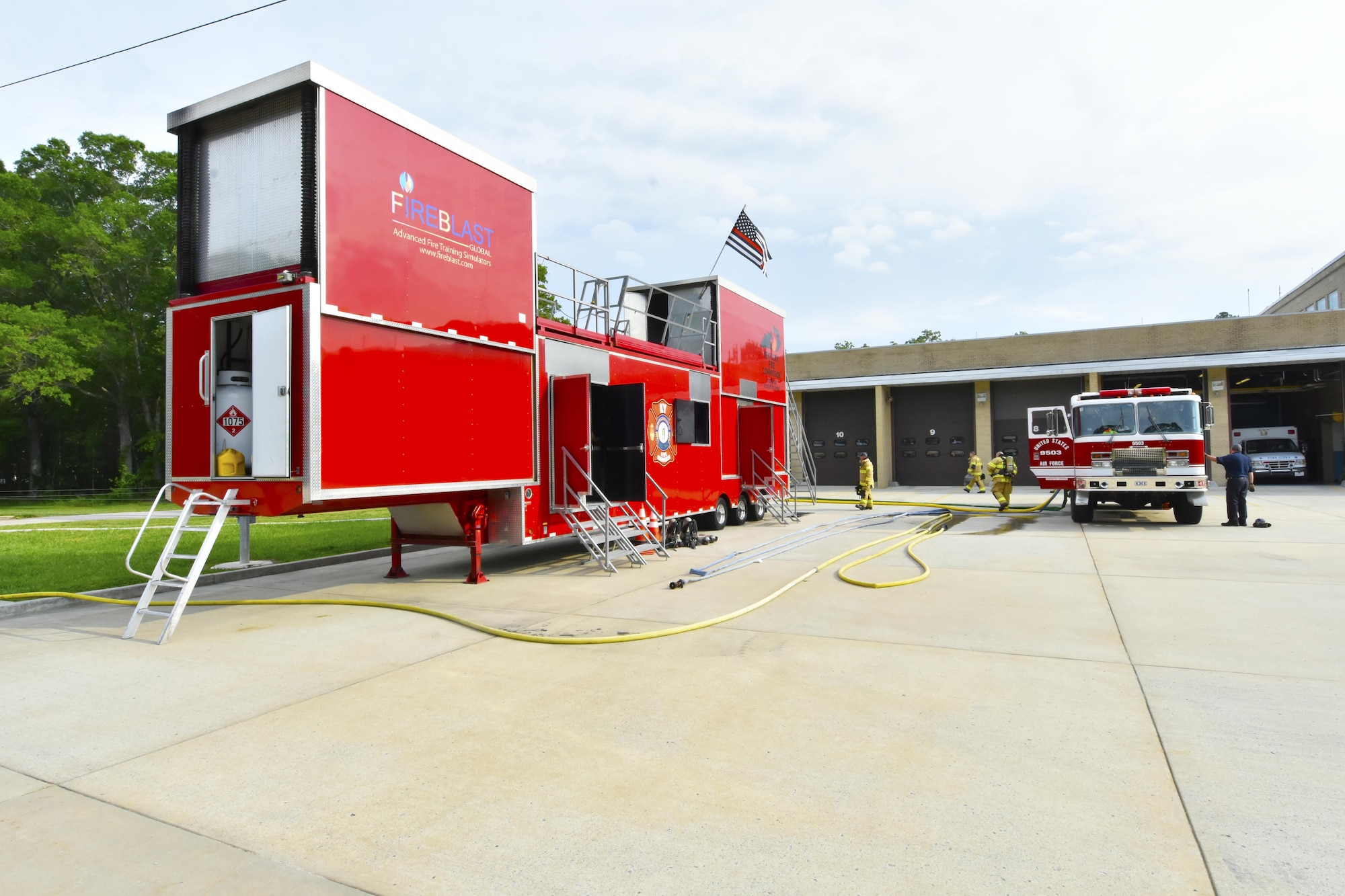 During live fire training at Arnold Air Force Base on May 9-11, the Kentucky Fire Commission mobile live fire rescue structure shown in this photo was used to simulate real life fire scenarios for Arnold firefighters. (U.S. Air Force photo/Rick Goodfriend)