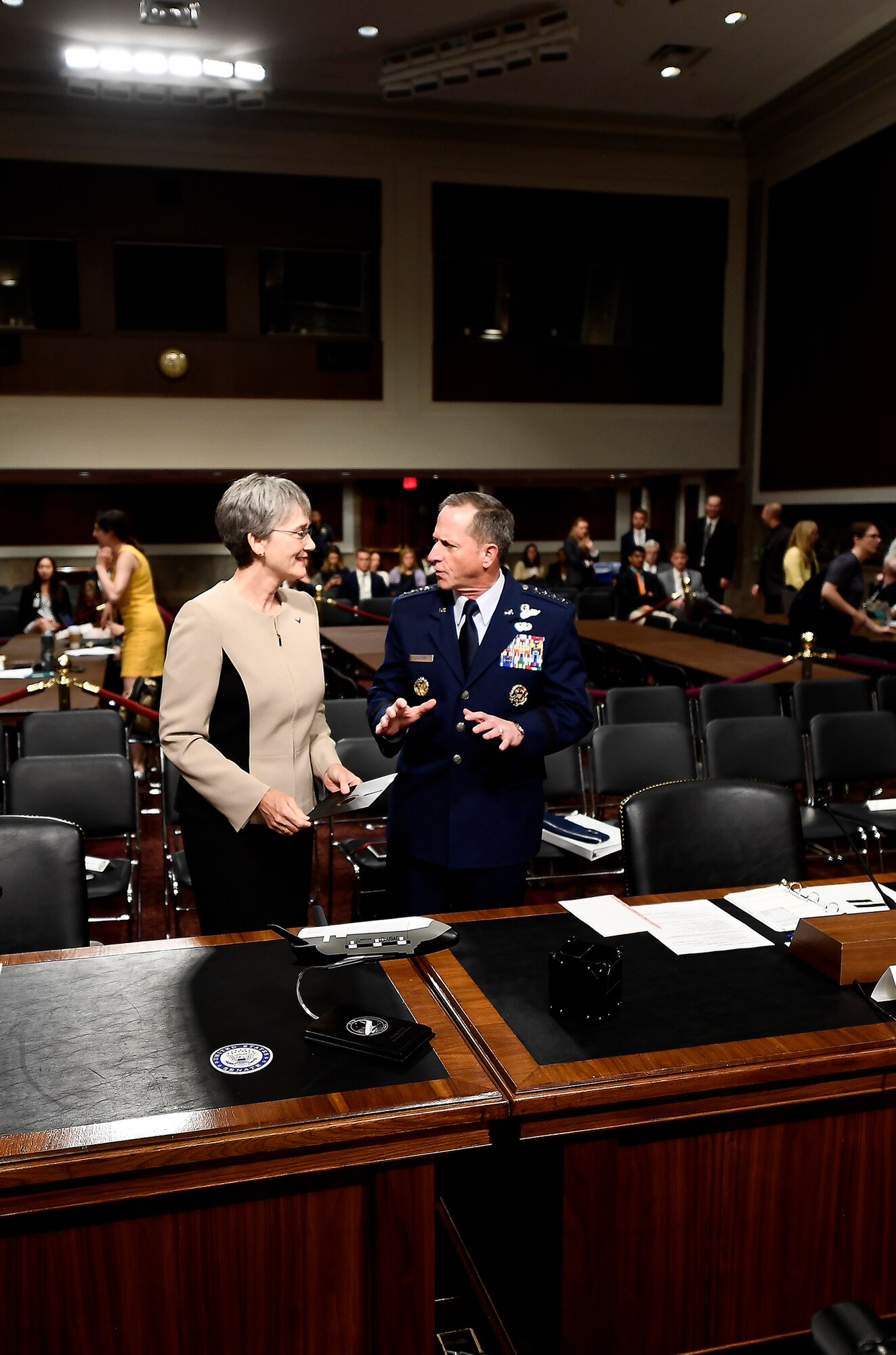 Secretary of the Air Force heather Wilson and Air Force Chief of Staff Gen. David Goldfein prepare to testify before the Senate Armed Services Committee June 6, 2017, in Washington, D.C.  The top leaders gave their testimony on the posture of the Department of the Air Force in review of the Defense Authorization Request for Fiscal Year 2018 and the Future Years' Defense Program. (U.S. Air Force photo/Scott M. Ash) 