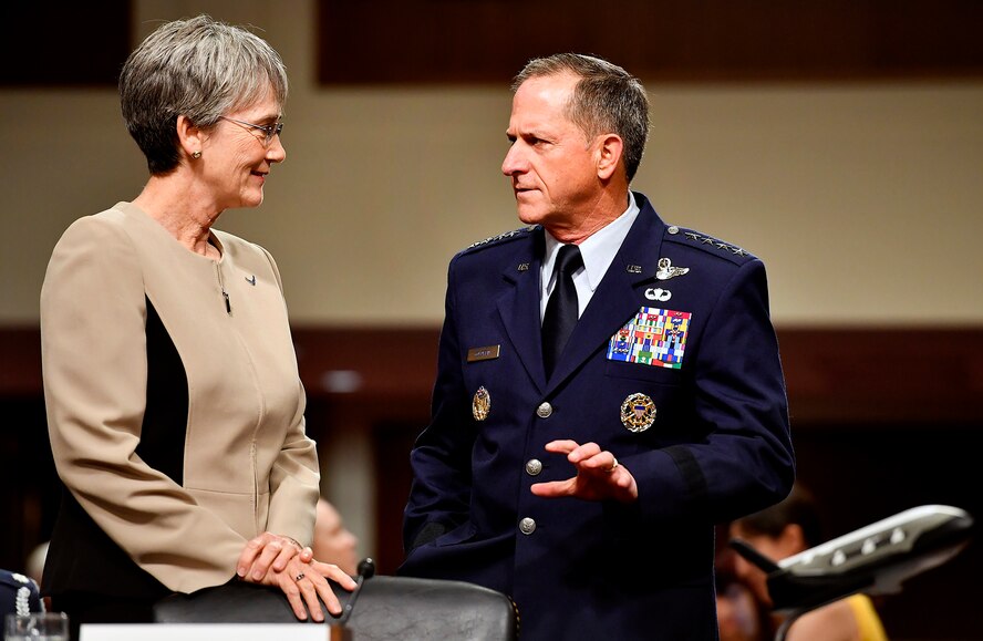 Secretary of the Air Force heather Wilson and Air Force Chief of Staff Gen. David Goldfein prepare to testify before the Senate Armed Services Committee June 6, 2017, in Washington, D.C.  The top leaders gave their testimony on the posture of the Department of the Air Force in review of the Defense Authorization Request for Fiscal Year 2018 and the Future Years' Defense Program. (U.S. Air Force photo/Scott M. Ash)