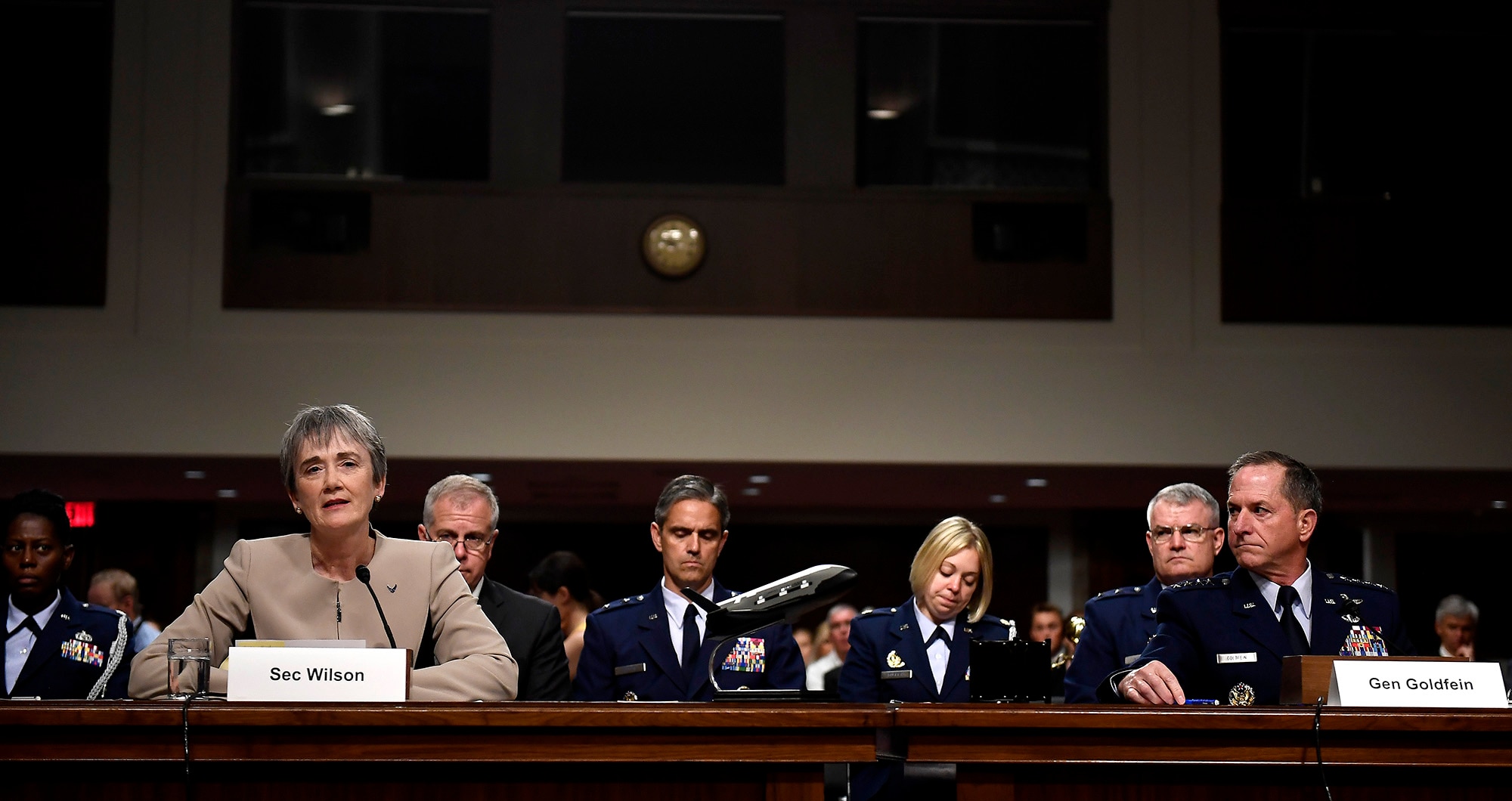 Secretary of the Air Force heather Wilson and Air Force Chief of Staff Gen. David Goldfein testify before the Senate Armed Services Committee June 6, 2017, in Washington, D.C.  The top leaders gave their testimony on the posture of the Department of the Air Force in review of the Defense Authorization Request for Fiscal Year 2018 and the Future Years' Defense Program. (U.S. Air Force photo/Scott M. Ash)  