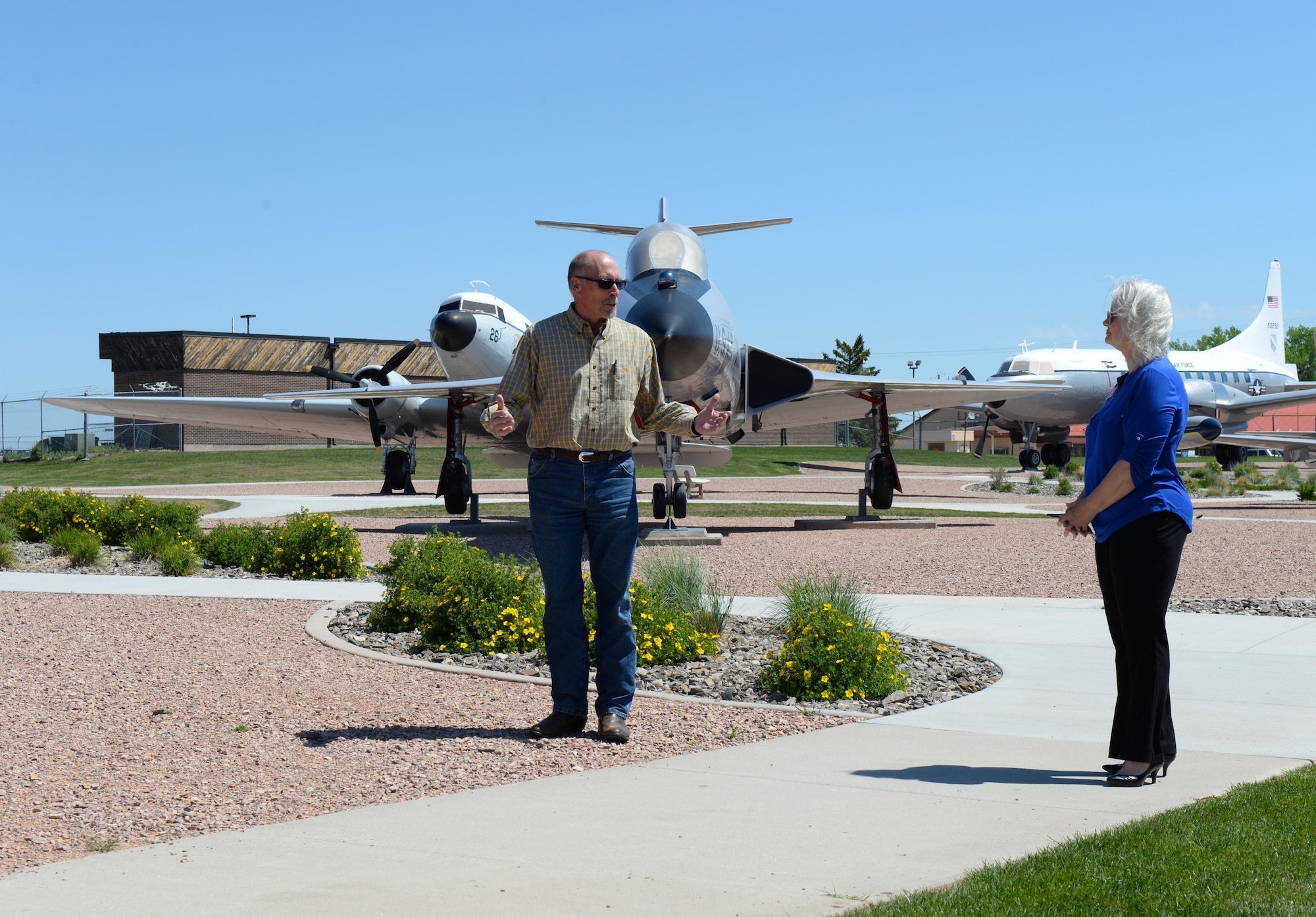 David Klein, lead architect assigned to the 28th Civil Engineer Squadron, explains the different steps taken to revitalize the South Dakota Air and Space Museum at Box Elder, S.D., May 31, 2017. The revitalization took approximately two years to complete, beginning in 2014 and ending mid-2016. (U.S. Air Force photo by Airman Nicolas Z. Erwin)