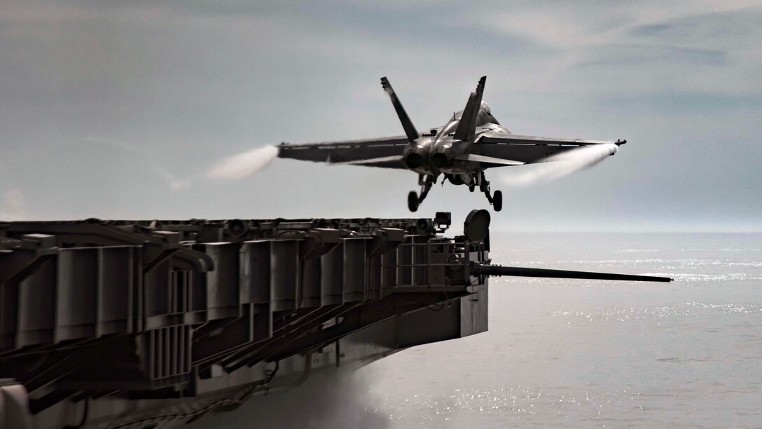 An F/A-18E Super Hornet launches from the flight deck of the aircraft carrier USS Dwight D. Eisenhower in the Atlantic Ocean, June 2, 2017. The aircraft is assigned to Strike Fighter Squadron 106. Navy photo by Petty Officer 3rd Class Anderson W. Branch