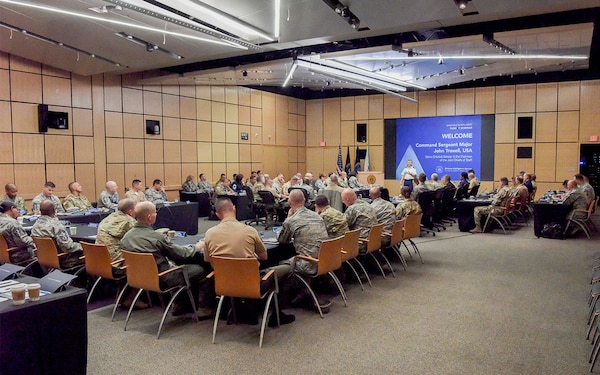 Command Sergeant Major John W. Troxell, Senior Enlisted Advisor to the Chairman of the Joint Chiefs of Staff, speaks at the Defense Intelligence Agency worldwide threat seminar for senior enlisted leaders May 12, 2017.