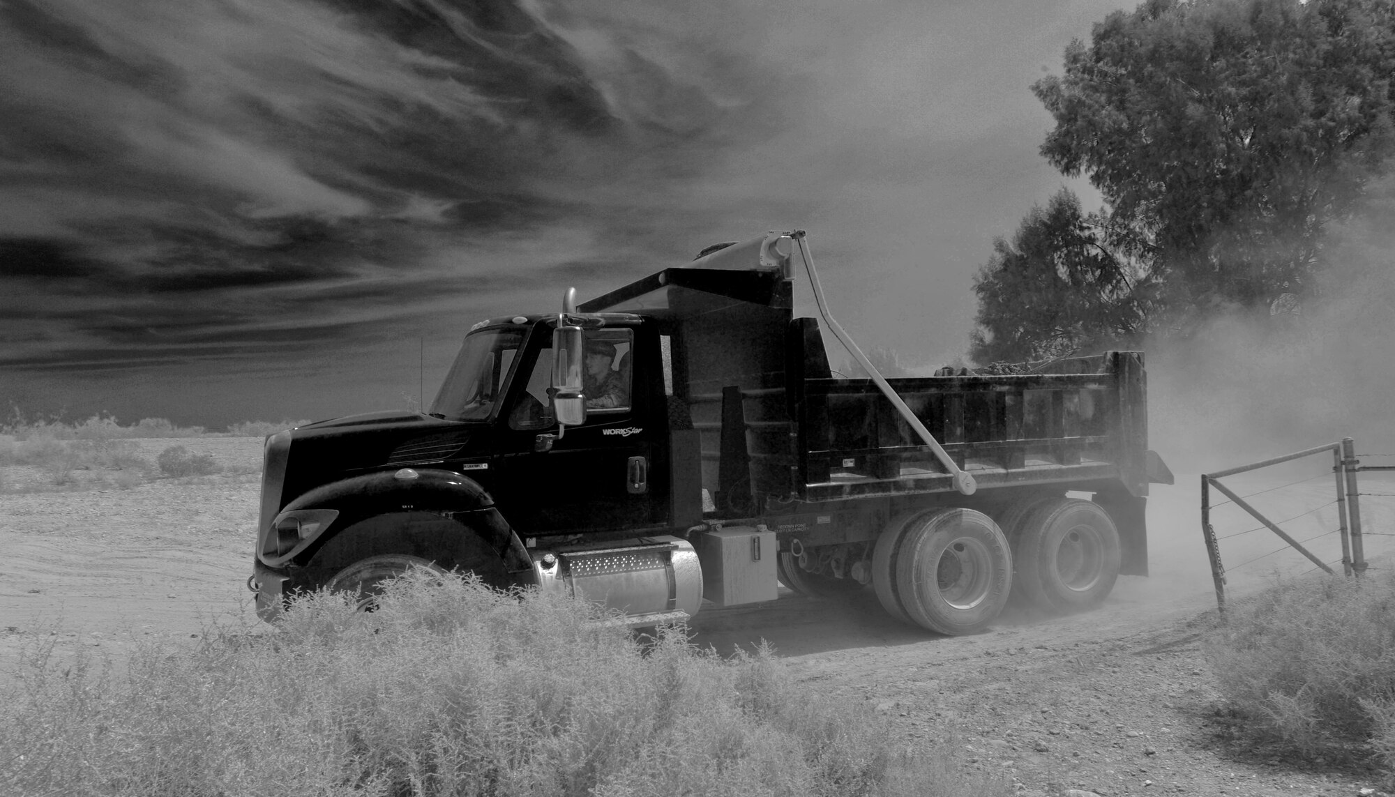 A dump truck hauls away a load of mud, vegetation, and debris from a clean-up sight during the Bird/Wildlife Air Strike Hazard project May 30, 2017, in Glendale, Az. The project consisted of the removal of stagnant water, vegetation, mud and debris to discourage the wildlife from nesting around Luke, protecting its assets and the local wildlife. (U.S. Air Force photo by Staff Sgt. Marcy Copeland)