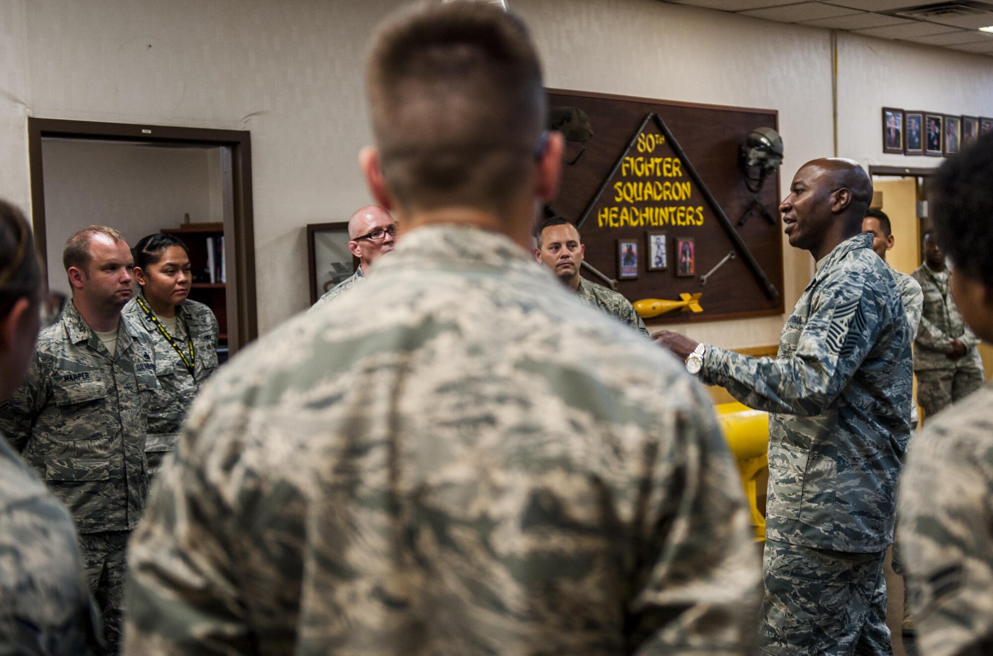 Chief Master Sgt. of the Air Force Kaleth O. Wright speaks to members of the 80th Fighter Squadron as he takes a tour of the squadrons at Kunsan Air Base, Republic of Korea, June 6, 2017. Wright is the 18th Chief Master Sergeant of the Air Force. Wright is taking a tour of many bases in the Pacific theater to meet with airmen and discuss his focus areas as CMSAF as well as the Air Force mission. (U.S. Air Force photo by Senior Airman Colville McFee/Released)