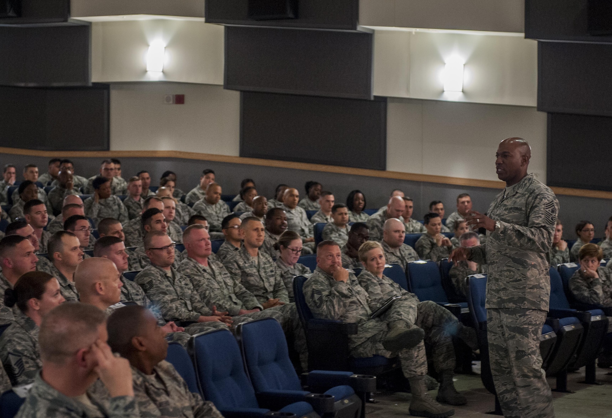 Chief Master Sgt. of the Air Force Kaleth O. Wright speaks to members of the Wolf Pack during an all call briefing at Kunsan Air Base, Republic of Korea, June 6, 2017. Wright traveled to Kunsan to meet with airmen and discuss his focus areas as CMSAF as well as the Air Force mission throughout the Pacific region. (U.S. Air Force photo by Senior Airman Colville McFee/Released)