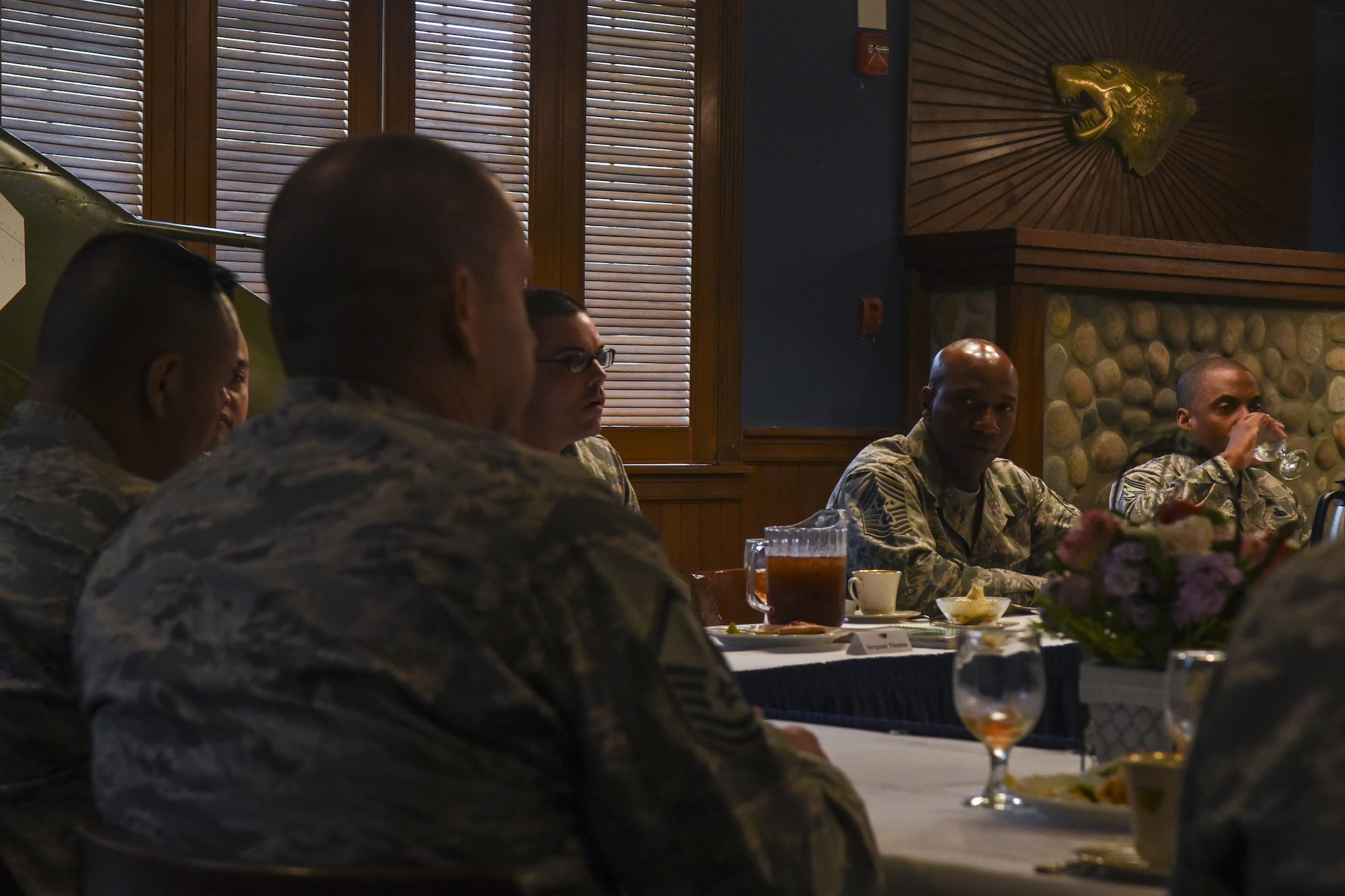 Chief Master Sgt. of the Air Force Kaleth O. Wright answers questions during a luncheon with senior noncommissioned officers and first sergeants at Kunsan Air Base, Republic of Korea, June 6, 2017. Wright traveled to Kunsan to meet with airmen and discuss his focus areas as CMSAF as well as the Air Force mission throughout the Pacific region. (U.S. Air Force photo by Senior Airman Michael Hunsaker/ Released)