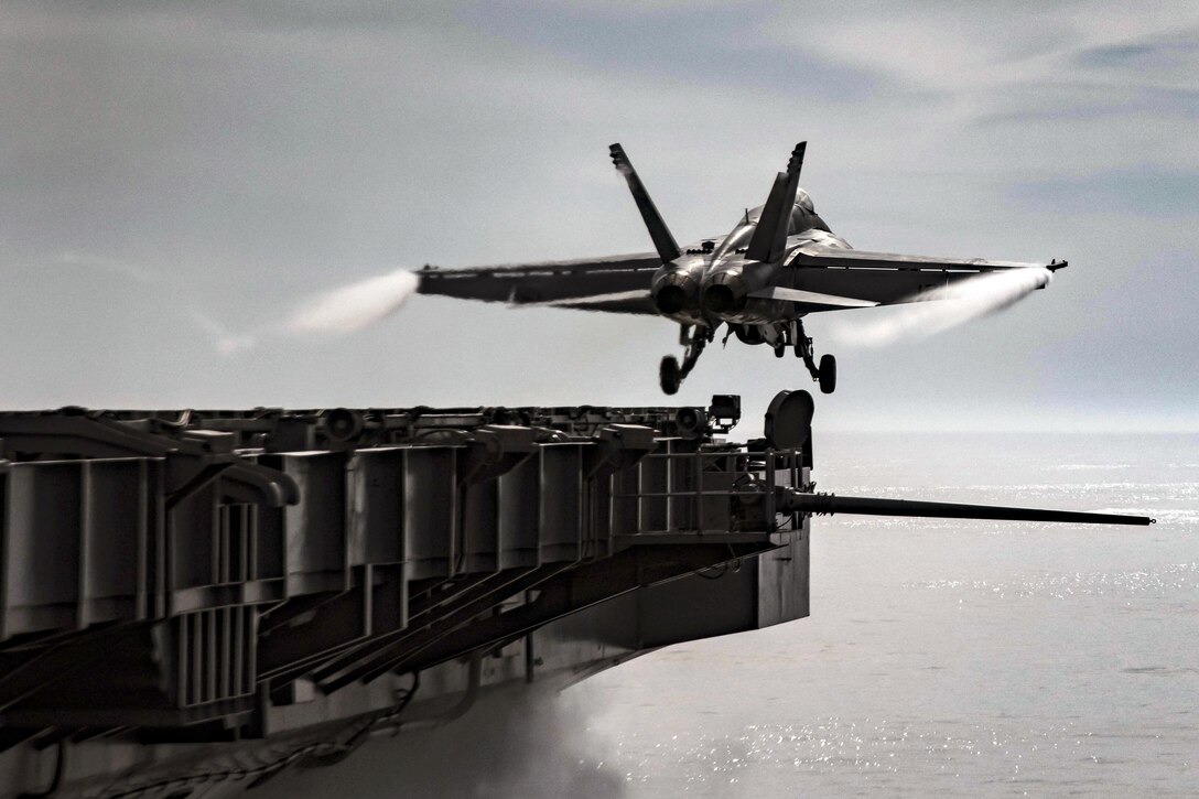 An F/A-18E Super Hornet launches from the flight deck of the aircraft carrier USS Dwight D. Eisenhower in the Atlantic Ocean, June 2, 2017. The aircraft is assigned to Strike Fighter Squadron 106. Navy photo by Petty Officer 3rd Class Anderson W. Branch