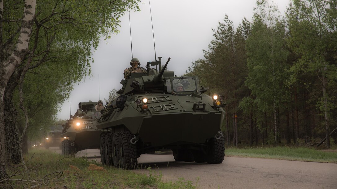 Marines with Charlie Company, 4th Light Armored Reconnaissance Battalion, 4th Marine Division, Marine Forces Reserve, operate Light Armored Vehicles by convoy from Ventspils to Adazi, Latvia, during Exercise Saber Strike 17, June 2, 2017. Exercise Saber Strike 17 is an annual combined-joint exercise conducted at various locations throughout the Baltic region and Poland. The combined training prepares NATO Allies and partners to effectively respond to regional crises and to meet their own security needs by strengthening their borders and countering threats.