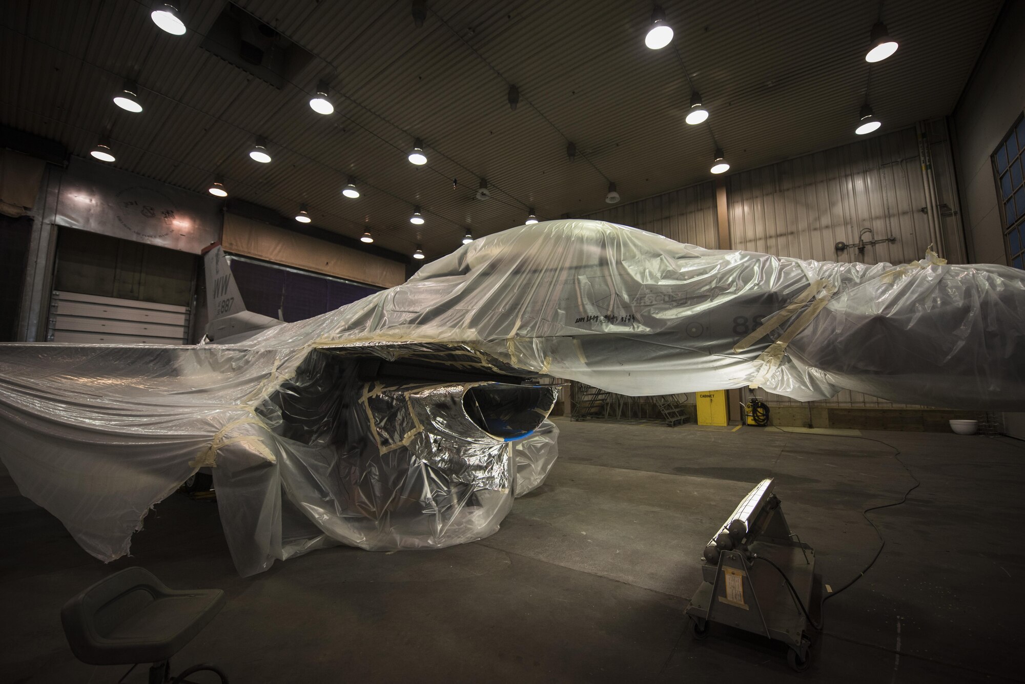 An F-16 Fighting Falcon assigned to Misawa Air Base, Japan, is prepped for additional paint coats at Eielson Air Force Base, Alaska, May 15, 2017. Airmen with the 35th Maintenance Squadron ensure the F-16 is capable to deliver rapid and precise airpower to protect and defend the Indo-Asia- Pacific region. (U.S. Air Force photo by Tech. Sgt. Araceli Alarcon)