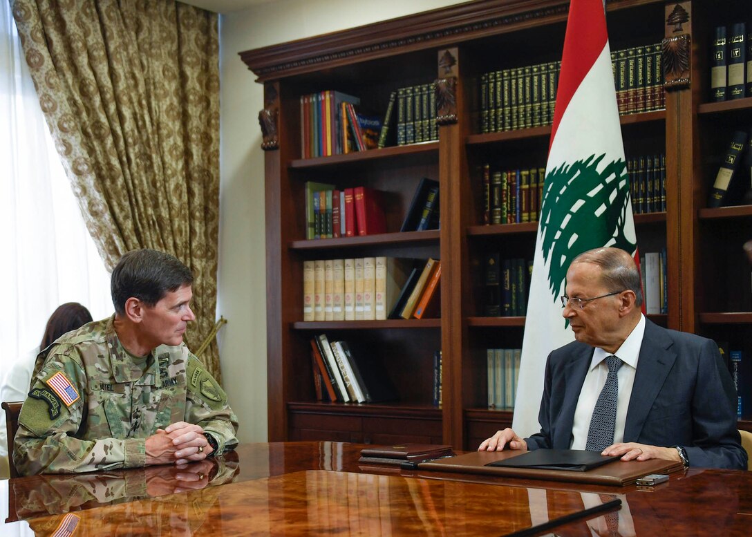U.S. Army Gen Joseph L. Votel, commander United States Central Command, speaks with President Michel Aoun during his visit to Lebanon June 6, 2017. On the trip, Votel met with key leaders of the Lebanese government and military to reaffirm a shared commitment of stability and security in the region. (Department of Defense photo by U.S. Air Force Tech Sgt. Dana Flamer)