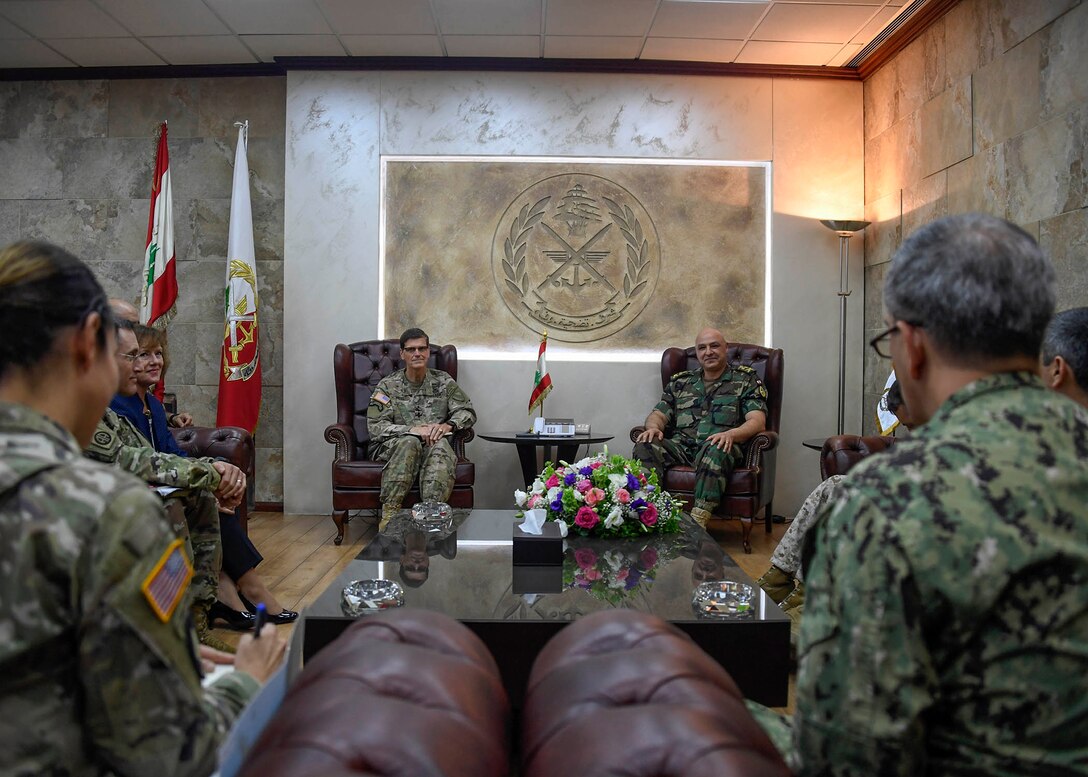 U.S. Army Gen Joseph L. Votel, commander United States Central Command, speaks with Gen Joseph Aoun, commander Lebanese Armed Forces, during his visit to Lebanon June 6, 2017. On the trip, Votel met with key leaders of the Lebanese government and military to reaffirm a shared commitment of stability and security in the region.(Department of Defense photo by U.S. Air Force Tech Sgt. Dana Flamer)