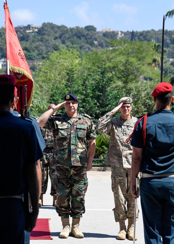 U.S. Army Gen Joseph L. Votel, commander United States Central Command, and Gen Joseph Aoun, commander Lebanese Armed Forces, salute Lebanese service members during a welcoming ceremony June 6, 2017. Votel visited Lebanon and met with key leaders of the Lebanese government and military to reaffirm a shared commitment of stability and security in the region. (Department of Defense photo by U.S. Air Force Tech Sgt. Dana Flamer)