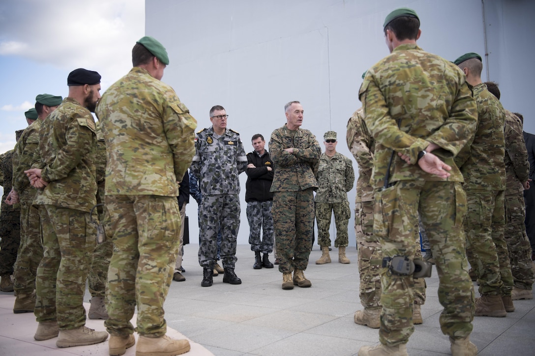 Marine Corps Gen. Joe Dunford, chairman of the Joint Chiefs of Staff, speaks to members of the Australian army while touring Holsworthy Barracks near Sydney, June 6, 2017. DoD photo by Navy Petty Officer 2nd Class Dominique A. Pineiro