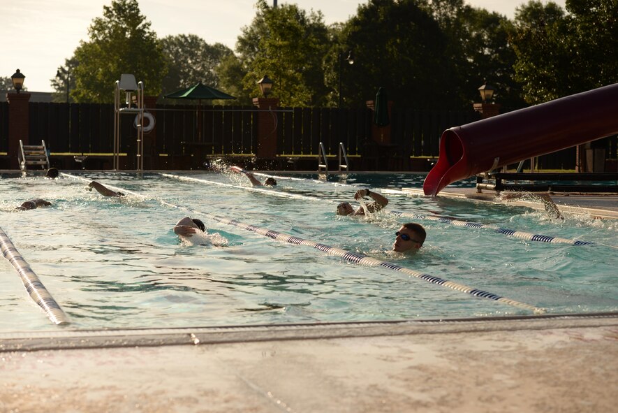 Athletes swim in a base triathlon June 3, 2017, in the Independence pool on Columbus Air Force Base, Mississippi. The pool was divided into sections so the participants didn’t swim into others and to keep the distance swam as equal as possible. (U.S. Air Force photo by Airman 1st Class Keith Holcomb)