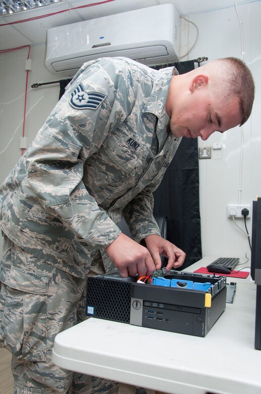 This week’s Rock Solid Warrior is Staff Sgt. Dylan Kunz, a 386th Expeditionary Communications Squadron Detachment 1 NCOIC, deployed from Mountain Home AFB, Idaho. The Rock Solid Warrior program is a way to recognize and spotlight the Airmen of the 386th Air Expeditionary Wing for their positive impact and commitment to the mission. (U.S. Air Force photo/ Master Sgt. Eric Sharman)