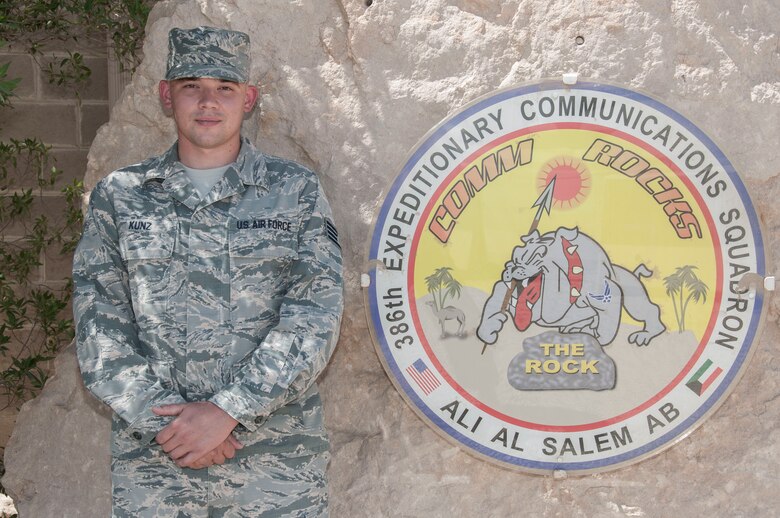 This week’s Rock Solid Warrior is Staff Sgt. Dylan Kunz, a 386th Expeditionary Communications Squadron Detachment 1 NCOIC, deployed from Mountain Home AFB, Idaho. The Rock Solid Warrior program is a way to recognize and spotlight the Airmen of the 386th Air Expeditionary Wing for their positive impact and commitment to the mission. (U.S. Air Force photo/ Master Sgt. Eric Sharman)